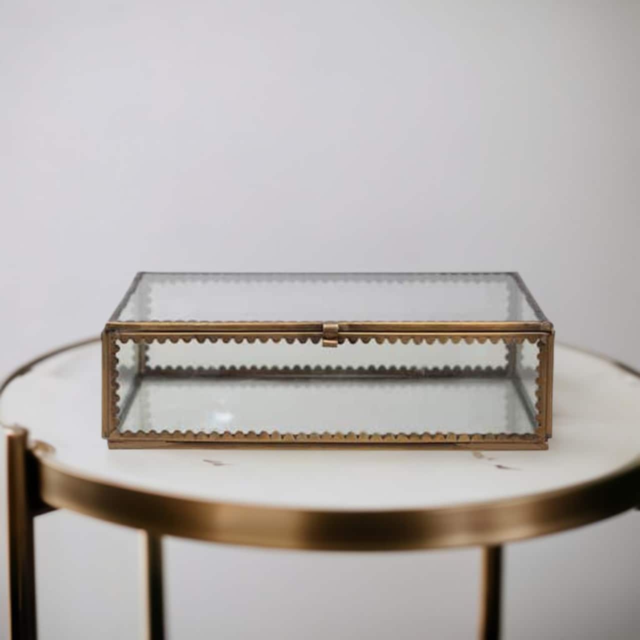 Hello Honey® 7" Antique Finish Brass and Glass Display Box with Scalloped Edges